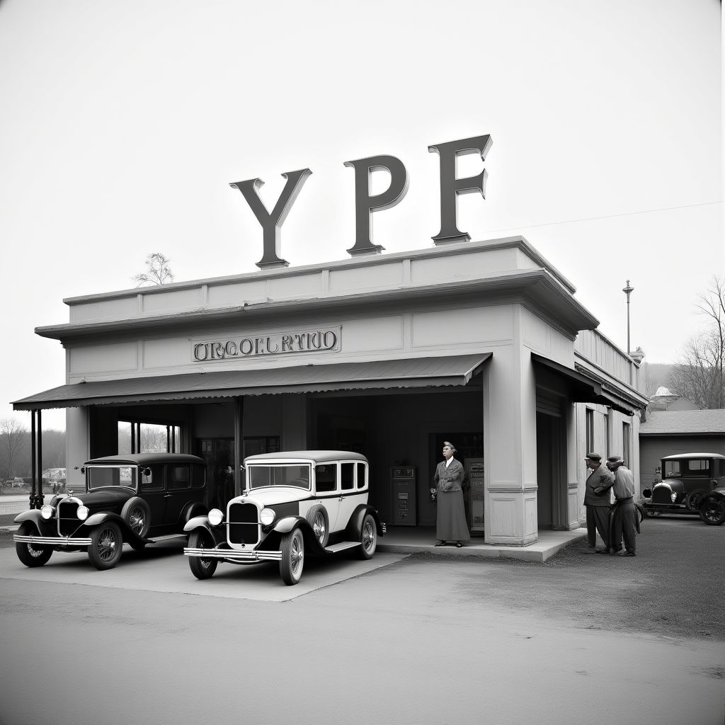 Foto histórica en blanco y negro de una de las primeras estaciones de YPF